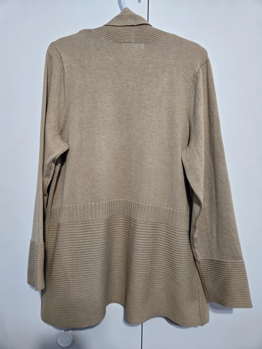 Liz Claiborne XL Open Front Cardigan‎ Tan Ribbed Knit Lightweight Drape Sweater